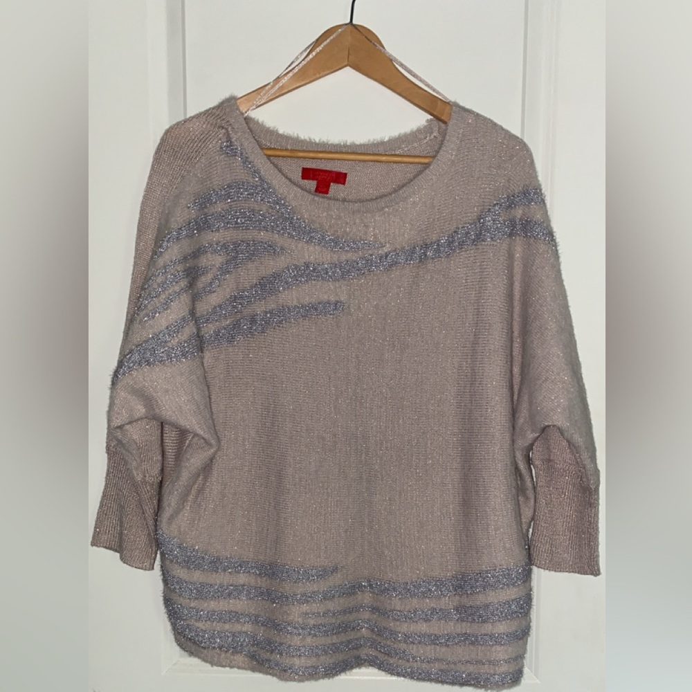 Jennifer Lopez Tan and Silver Cowl Neck Sweater